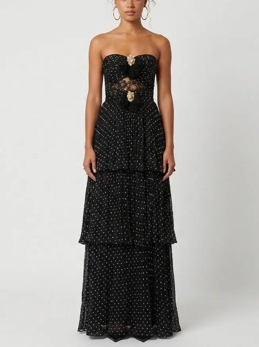 Black Polka Dot Strapless Tiered Maxi Dress - S - Dresses