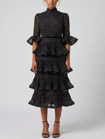 Black Polka Dot Tiered Ruffle Midi Dress - S - Dresses