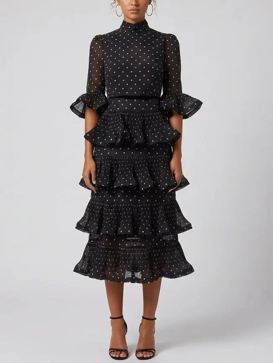 Black Polka Dot Tiered Ruffle Midi Dress - S - Dresses