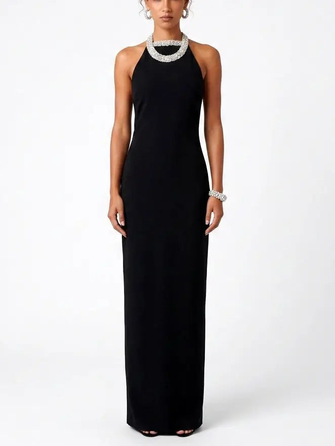 Black Rhinestone Halterneck Collar Velvet Maxi Dress - Small - Dresses