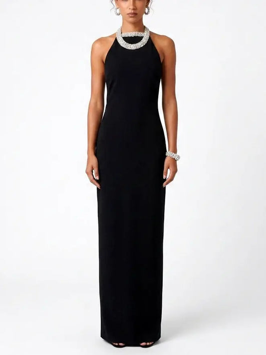 Black Rhinestone Halterneck Collar Velvet Maxi Dress - Small - Dresses
