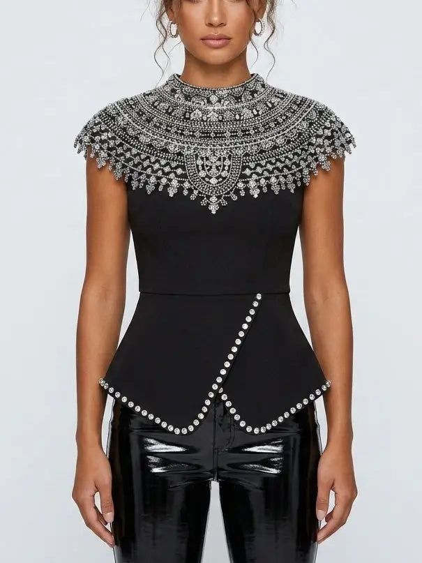 Black Rhinestone Peplum Top with Embellished Yoke - S - Tops