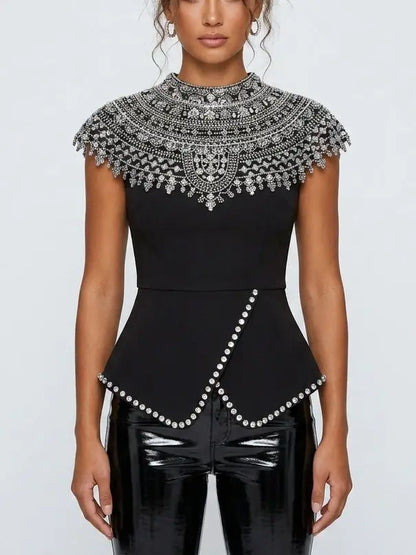 Black Rhinestone Peplum Top with Embellished Yoke - S - Tops