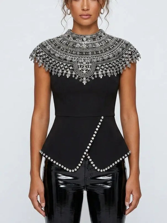 Black Rhinestone Peplum Top with Embellished Yoke - S - Tops