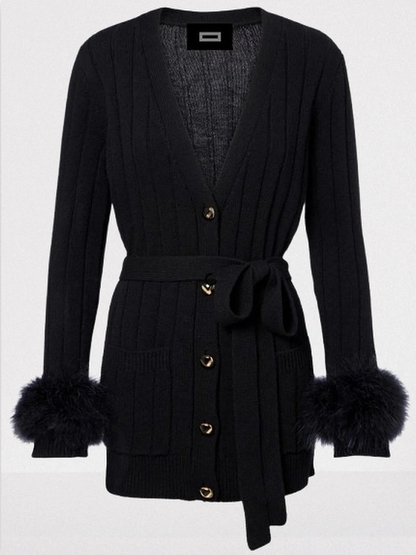 Black Ribbed Cardigan with Feather Cuffs - Small - Sweaters & Knitwear