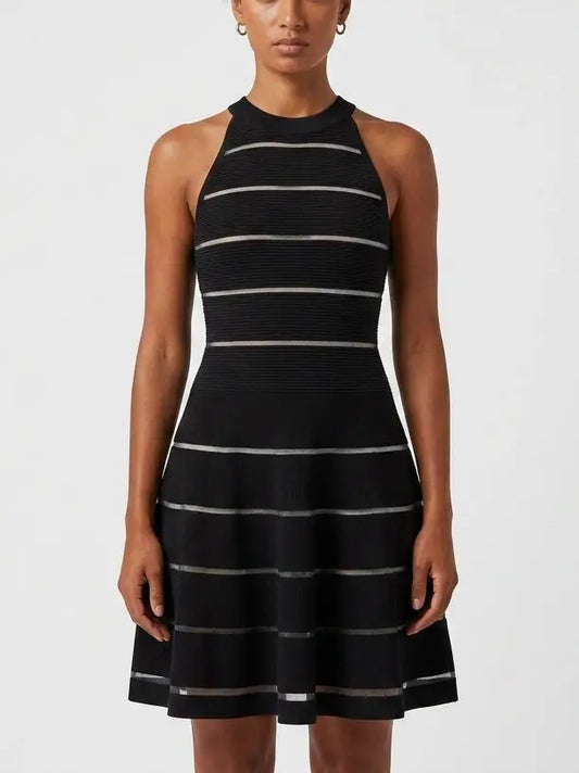 Black Ribbed Knit Halterneck Sheer Stripe Mini Dress - S - Dresses