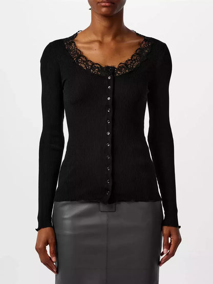 Black Ribbed Lace-Trim Cardigan Sweater - Small - Sweaters & Knitwear