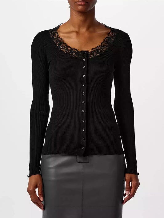 Black Ribbed Lace-Trim Cardigan Sweater - Small - Sweaters & Knitwear