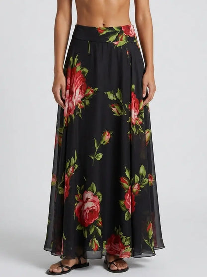 Black Rose Print Silk Maxi Skirt - S - Skirts