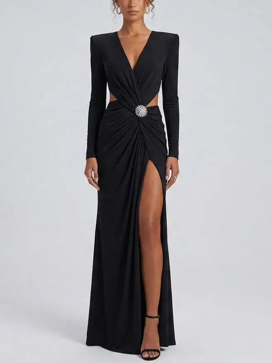 Black Ruched Cutout Maxi Dress With Crystal Brooch - S - Dresses