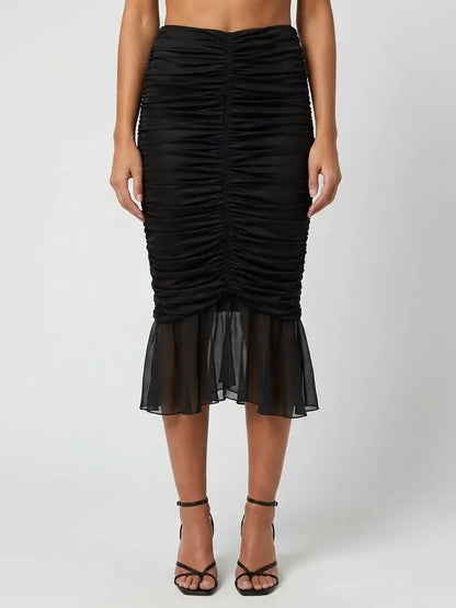 Black Ruched Stretch Midi Skirt with Sheer Ruffle Hem - Small - Skirts