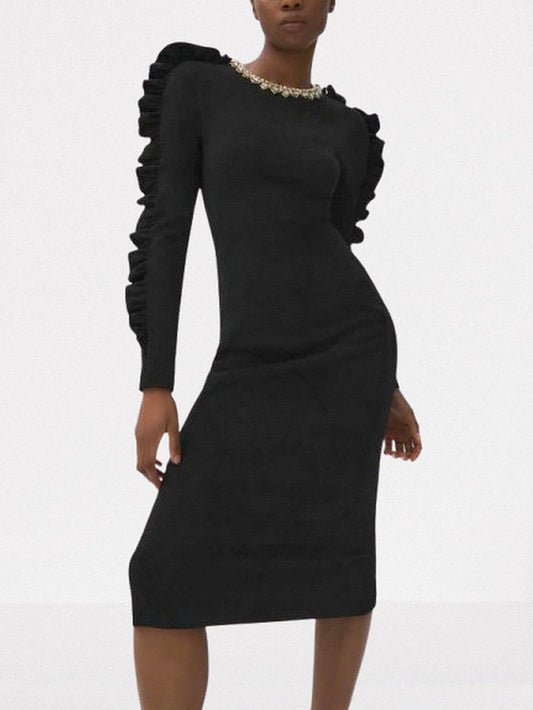 Black Ruffle Trim Embellished Collar Midi Dress S Dresses