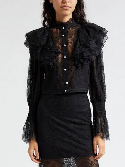 Black Ruffle Lace Blouson Top - XS - Tops