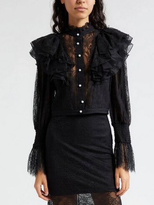 Black Ruffle Lace Blouson Top - XS - Tops