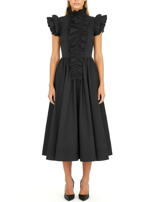 Black Ruffled High-Neck Midi Dress - S - Dresses