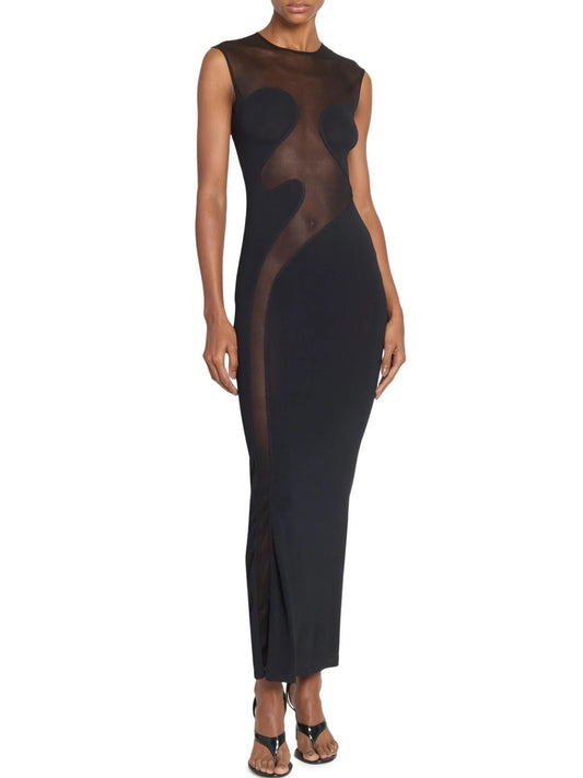 Black Sculptured Sheer-Paneled Bodycon Dress - XS - Dresses