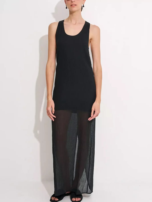 Black Semi-Sheer Linen-Blend Tank Dress - Dresses