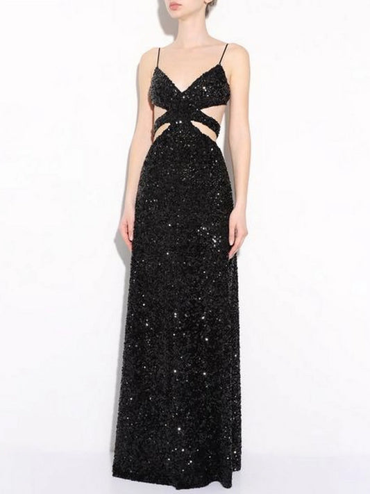 Black Sequin-Embellished Cut-Out Gown - S - Dresses