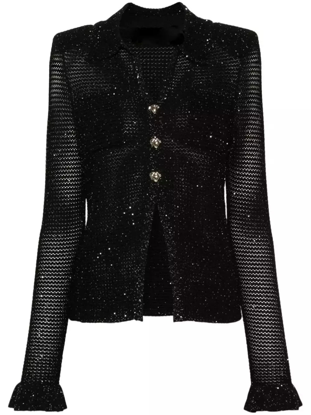 Black Sequin-Embellished Open-Knit Cardigan Branna Couture