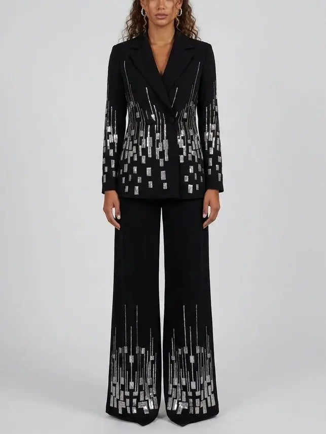 Black Sequin Embellished Blazer and Flared Pants Suit - S - Suits & Sets
