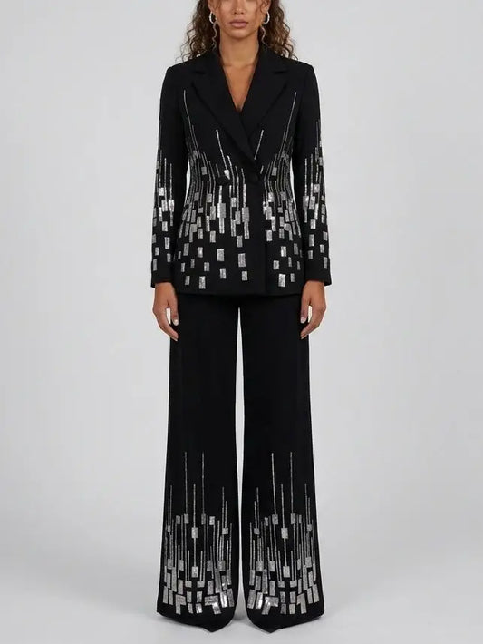 Black Sequin Embellished Blazer and Flared Pants Suit - S - Suits & Sets