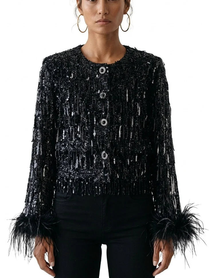 Black Sequin Embellished Cropped Jacket with Feather Cuffs - S - Jackets