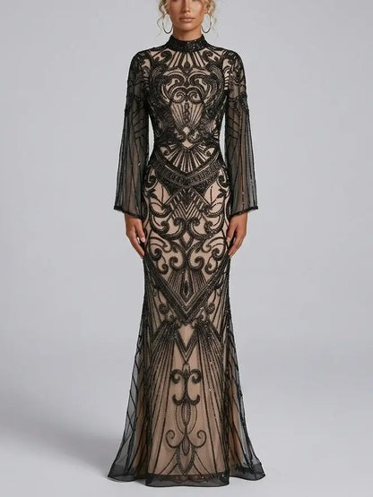 Black Sequin Embellished Illusion Tulle Evening Gown - M - Dresses