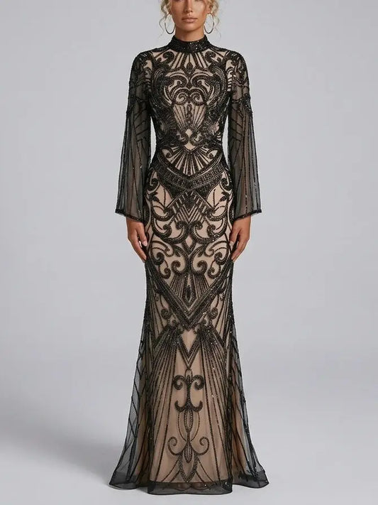 Black Sequin Embellished Illusion Tulle Evening Gown - M - Dresses