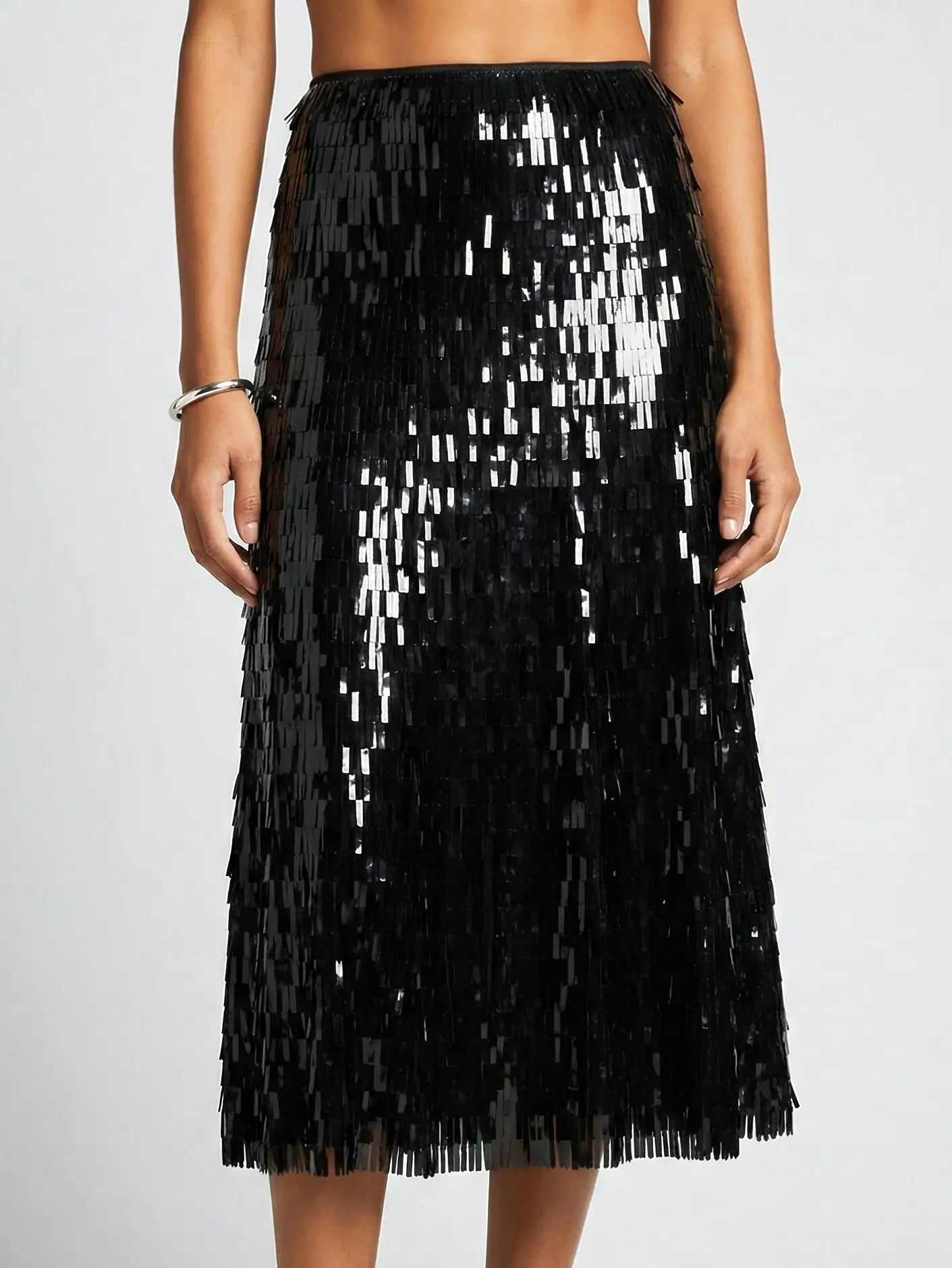 Black Sequin Fringe Midi Skirt - Skirts