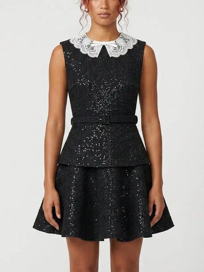 Black Sequin Lace Collar Belted Fit and Flare Mini Dress - S - Dresses
