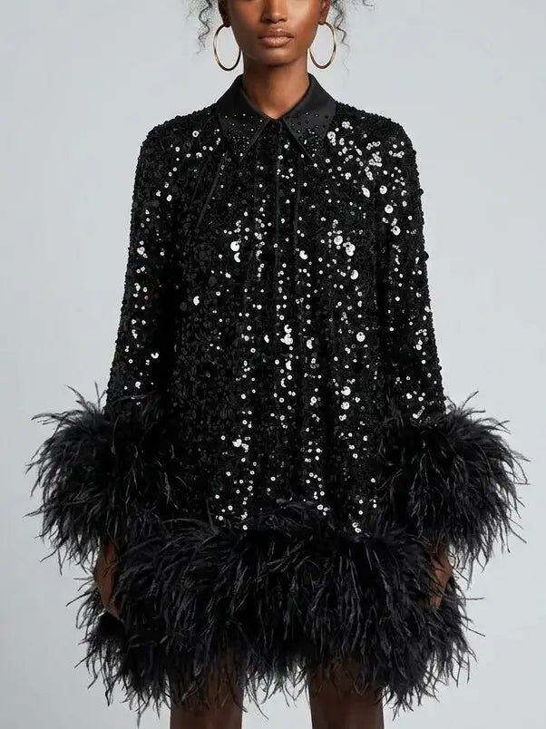 Black Sequin Mini Dress with Feather Hem and Open Back - XS - Dresses