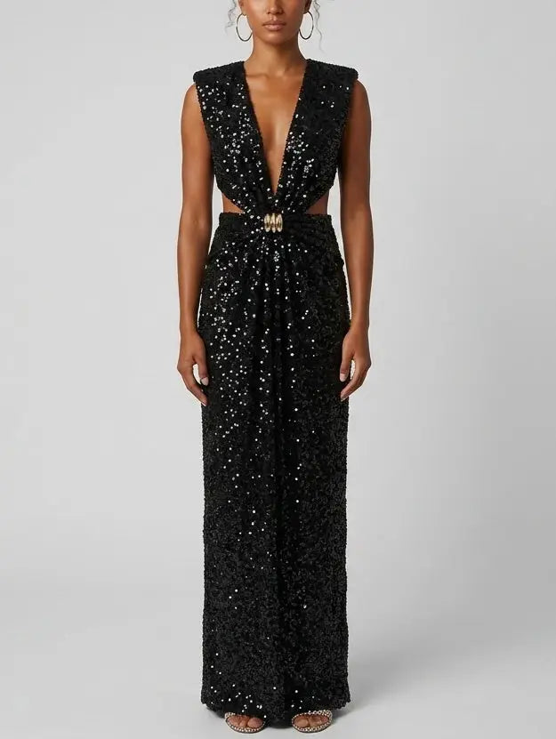 Black Sequin Plunge Cut-Out Maxi Dress - S - Dresses