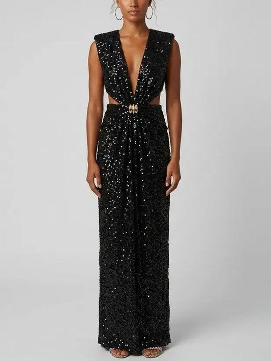 Black Sequin Plunge Cut-Out Maxi Dress - S - Dresses