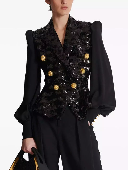 Black Sequined Double Breasted Puff Sleeve Blazer S Jackets
