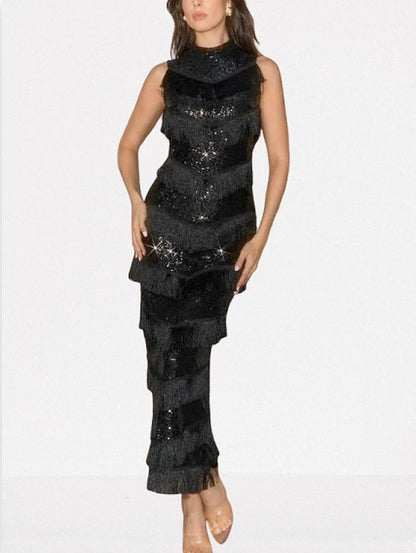 Black Sequined Fringe Sleeveless Maxi Dress - S - Dresses