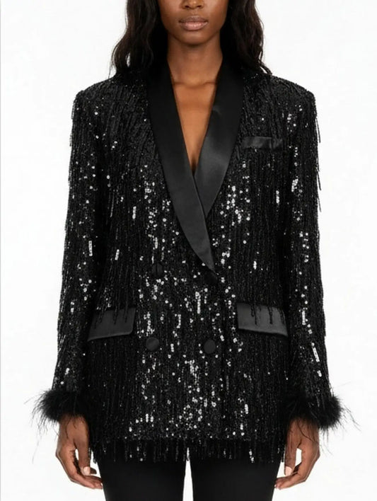 Black Sequined Fringe Tuxedo Blazer with Feather Cuffs - Small - Jackets