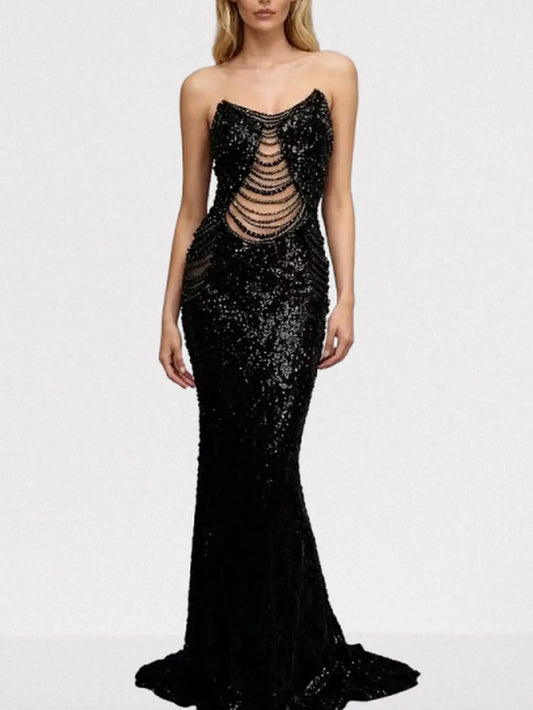 Black Sequined Strapless Gown with Draped Beads - Small