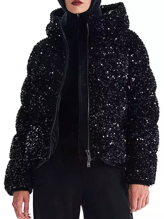 Black Sequined Velvet Hooded Puffer Jacket Branna Couture