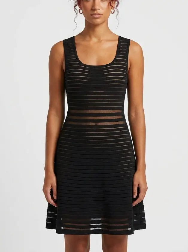 Black Sheer Panel Knit Fit and Flare Dress - S - Dresses