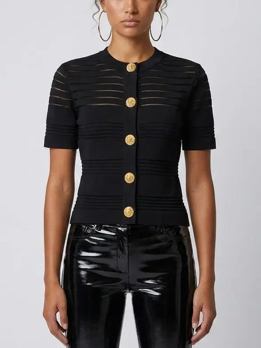 Black Sheer Stripe Knit Button-Front Top - S - Tops