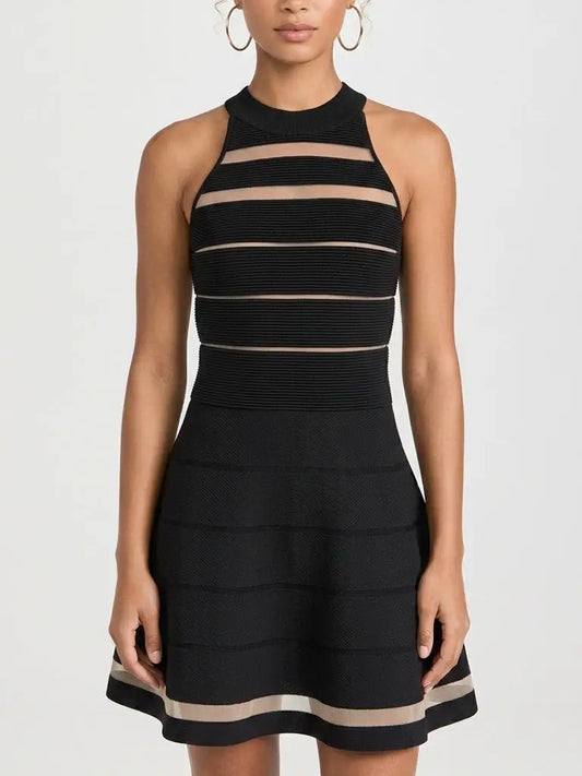 Black Sheer Stripe Knit Halter Mini Dress - Small - Dresses