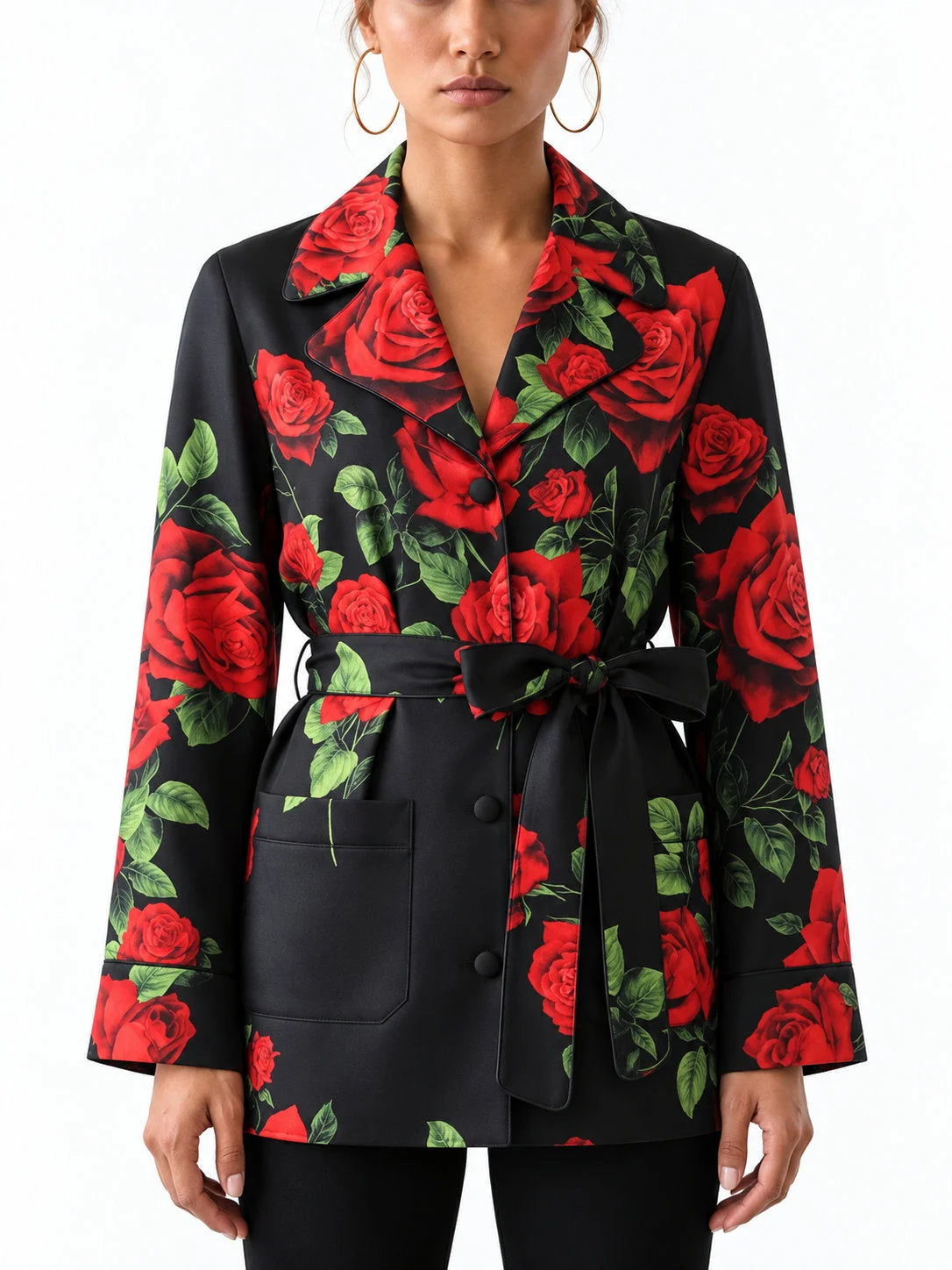 Black Silk Belted Pajama Style Shirt with Red Rose Print - S - Tops