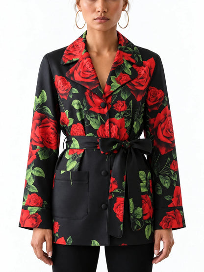 Black Silk Belted Pajama Style Shirt with Red Rose Print - S - Tops