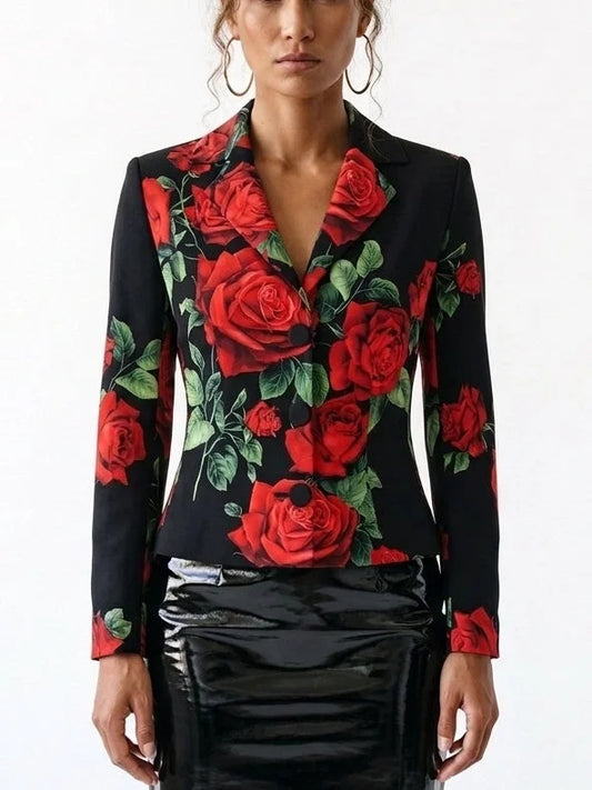 Black Silk Blazer with Red Rose Print - S - Jackets