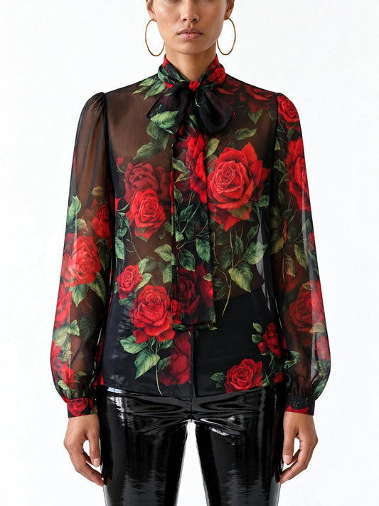 Black Silk Chiffon Rose Print Tie Neck Blouse - S - Tops