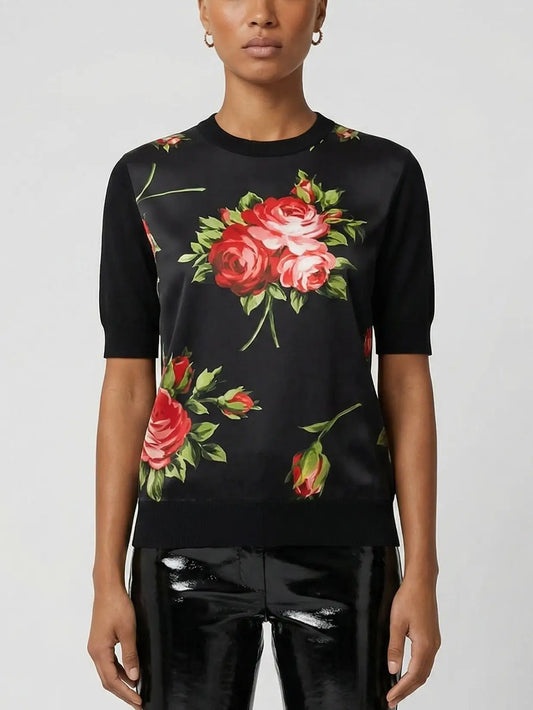 Black Silk Knit Rose Print Top - S - Tops