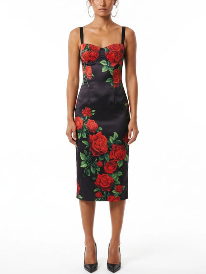 Black Silk Midi Dress with Red Rose Print - S - Dresses