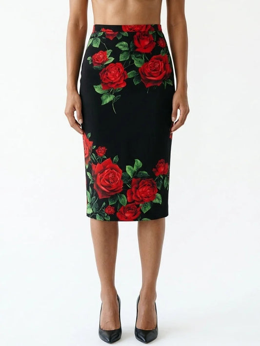 Black Silk Midi Skirt with Red Rose Print - S - Skirts