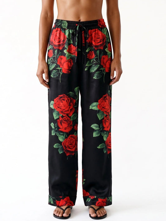 Black Silk Pajama Style Pants with Red Rose Print - S - Jeans & Pants