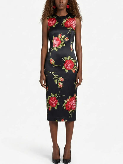 Black Silk Red Rose Print Sleeveless Midi Dress - S - Dresses